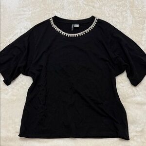 H&M Black Short Sleeve Top with Beaded Neckline